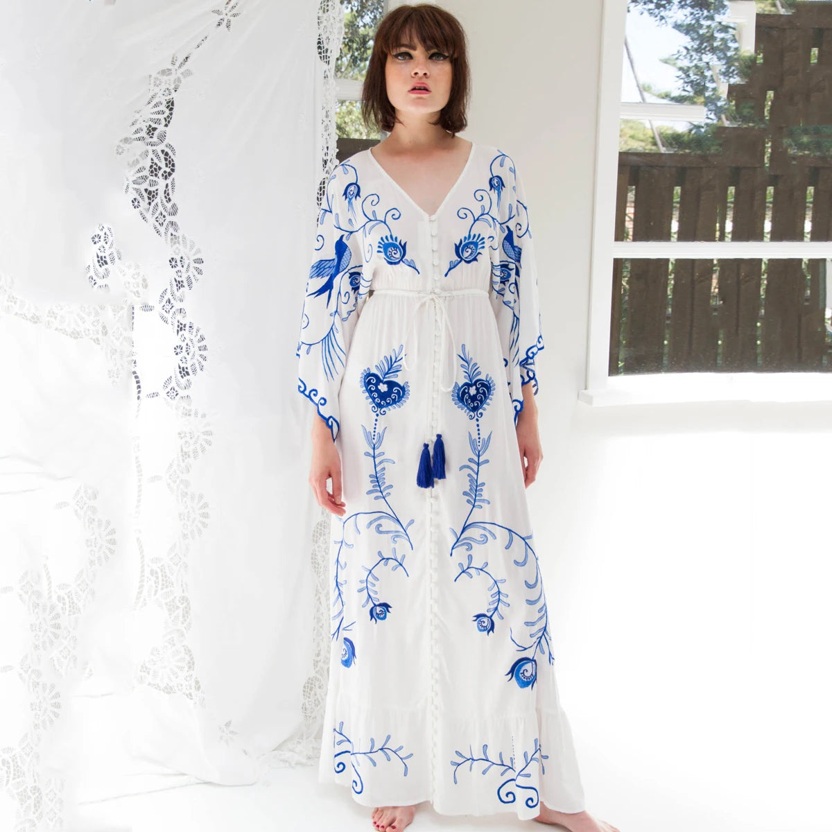 Kaftans - Jastie Embroidered Women Maxi Dress V-Neck Batwing Sleeve Loose Oversize Summer Dresses Drawstring Waist Boho Beach Vestidos