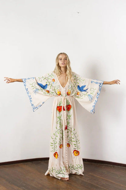 Kaftans - Jastie Embroidered Women Maxi Dress V-Neck Batwing Sleeve Loose Oversize Summer Dresses Drawstring Waist Boho Beach Vestidos