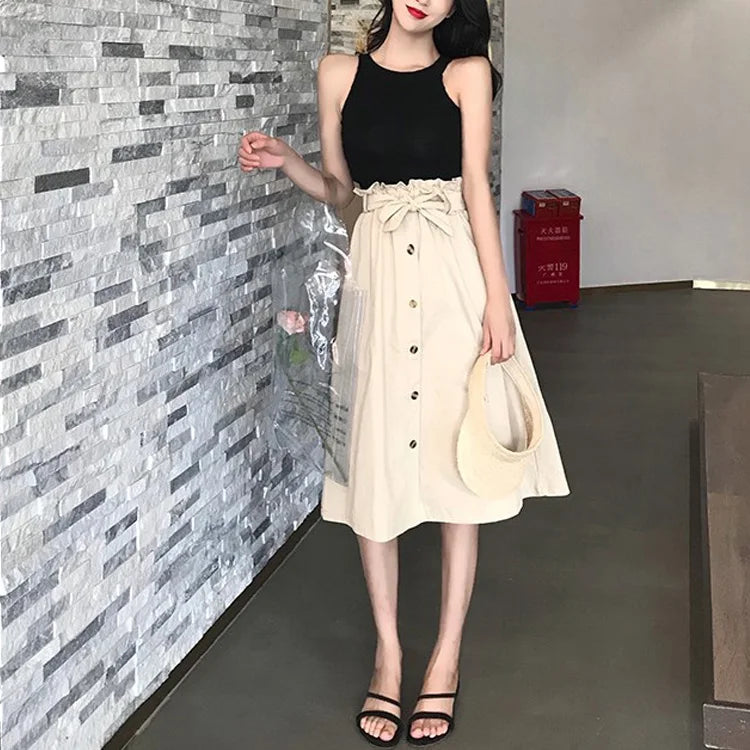 Midi Skirts - Summer Autumn Skirts Womens Midi Knee Length Korean Elegant Button High Waist Skirt Female Pleated School Skirt