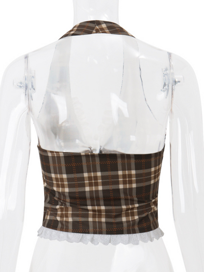 Halter Tops- Lace-Trimmed Plaid Halter Top for Women- - Pekosa Women Fashion