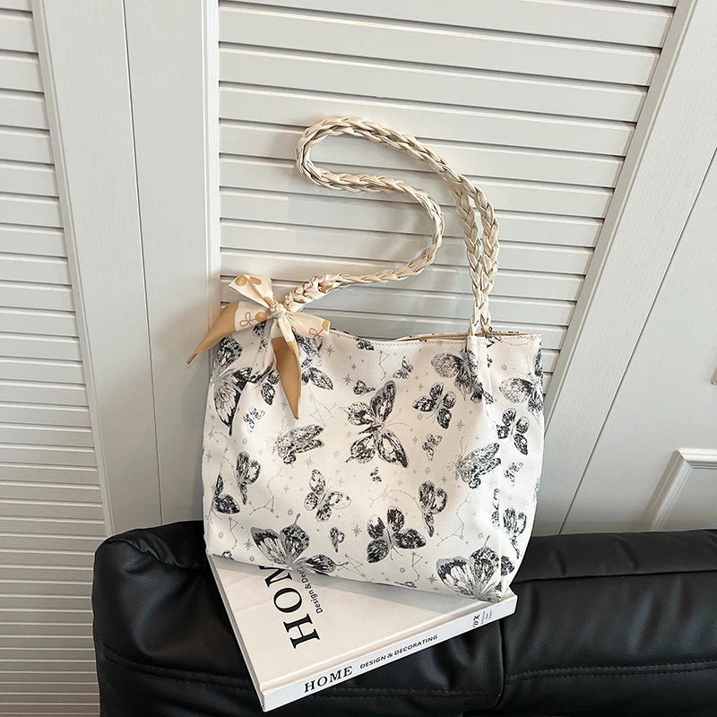 HandBags - Romantic Floral Handbag with Braided Straps - Butterfly Purse