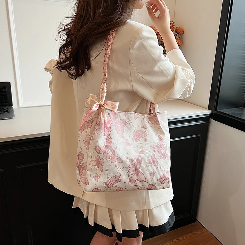 HandBags - Romantic Floral Handbag with Braided Straps - Butterfly Purse