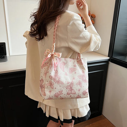 HandBags - Romantic Floral Handbag with Braided Straps - Butterfly Purse