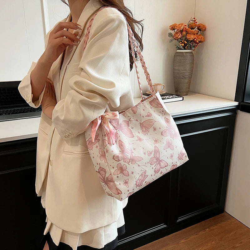 HandBags - Romantic Floral Handbag with Braided Straps - Butterfly Purse