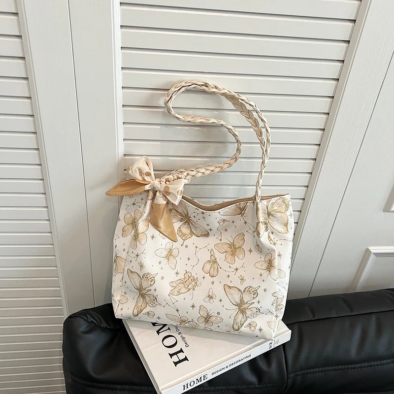 HandBags - Romantic Floral Handbag with Braided Straps - Butterfly Purse
