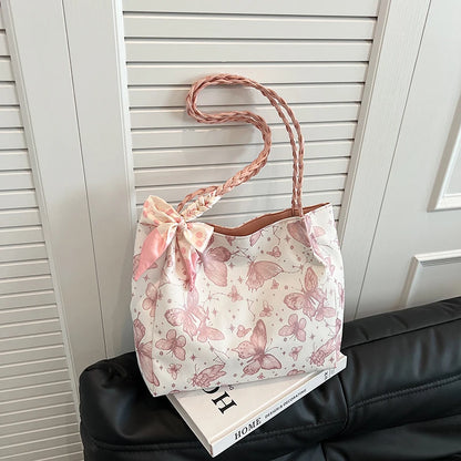 HandBags - Romantic Floral Handbag with Braided Straps - Butterfly Purse