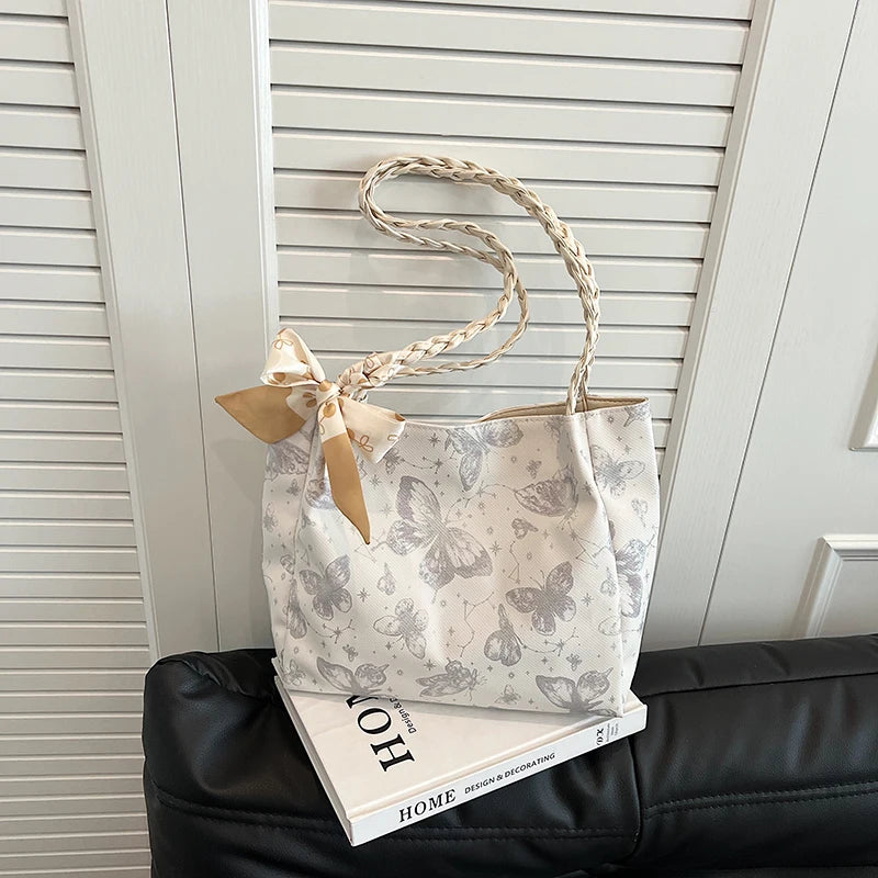 HandBags - Romantic Floral Handbag with Braided Straps - Butterfly Purse