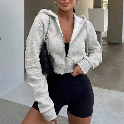 Hoodies - Casual Cropped Zip-Up Fleece-Lined Hoodie for Women