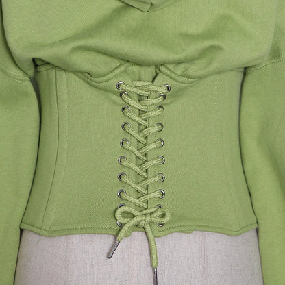 Hoodies - Trendy Green Hoodie with Corset Design for Women