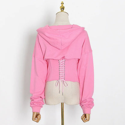 Hoodies - Trendy Green Hoodie with Corset Design for Women