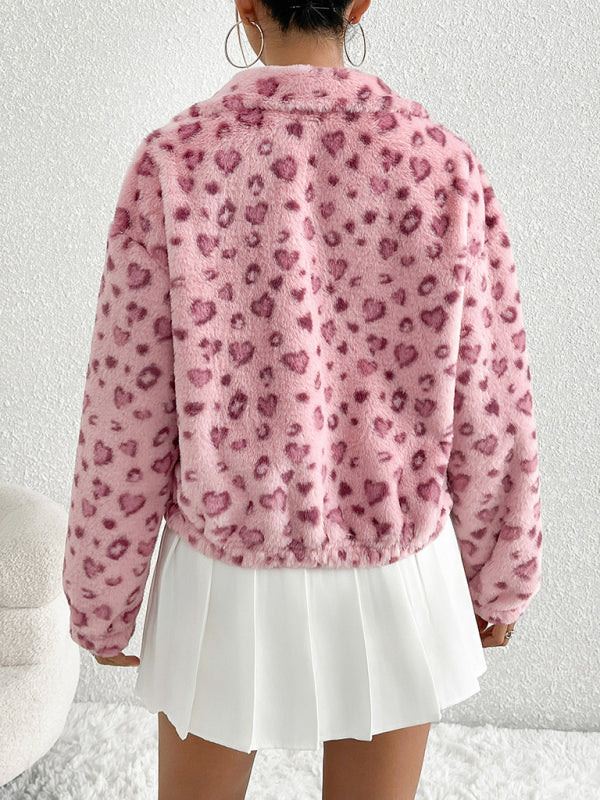 Jackets - Fleece Leopard Print Jacket High-Collar Outerwear for Women