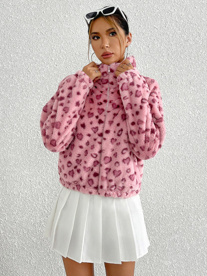 Jackets - Fleece Leopard Print Jacket High-Collar Outerwear for Women