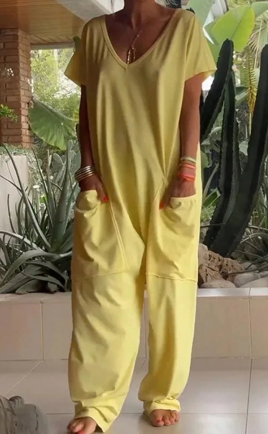 Jumpsuits - Casual White V-Neck Jumpsuit for Relaxed Style