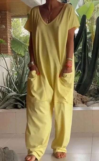 Jumpsuits - Casual White V-Neck Jumpsuit for Relaxed Style