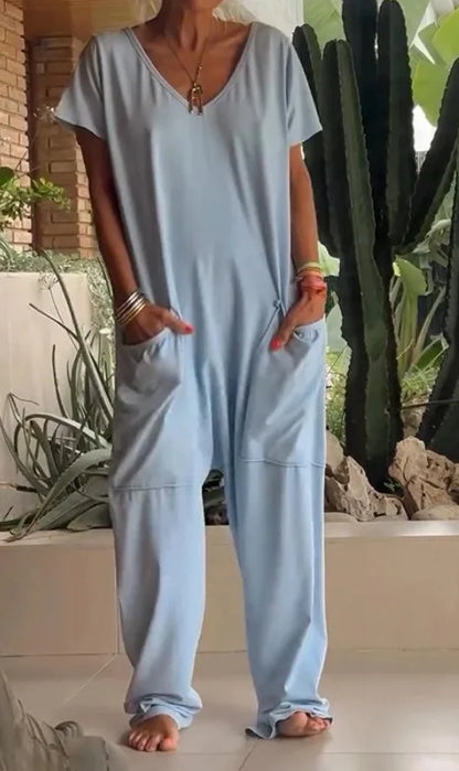Jumpsuits - Casual White V-Neck Jumpsuit for Relaxed Style