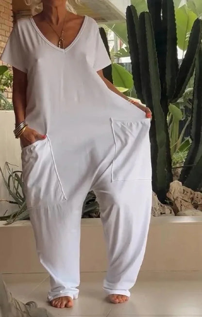Jumpsuits - Casual White V-Neck Jumpsuit for Relaxed Style