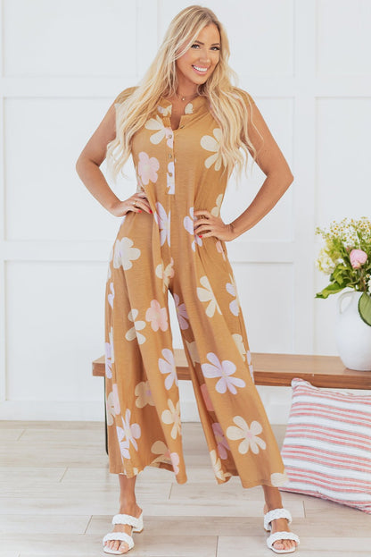 Jumpsuits & Rompers - Floral Buttoned Jumpsuit - Casual Wide-Leg Outfit for Women