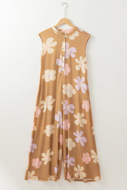 Jumpsuits & Rompers - Floral Buttoned Jumpsuit - Casual Wide-Leg Outfit for Women