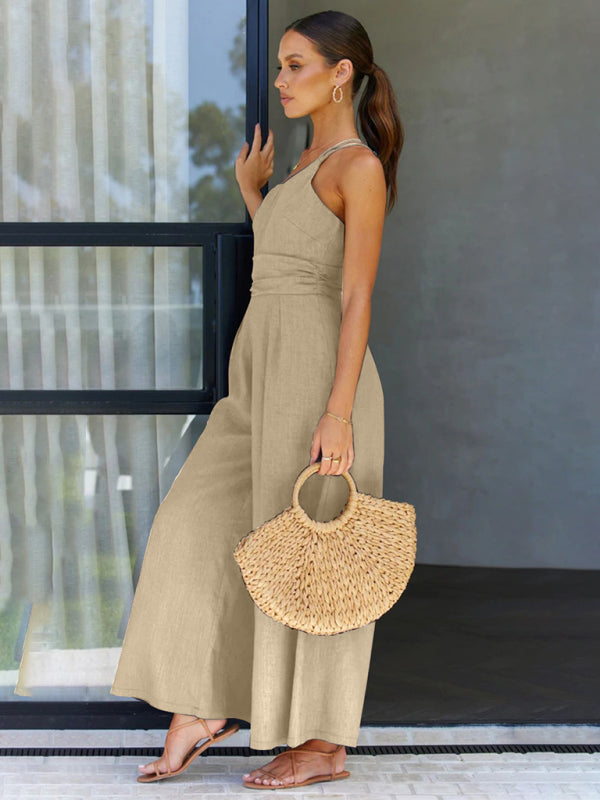 Jumpsuits- Solid Wide-Leg Jumpsuit - One Shoulder Palazzo Playsuit- - Chuzko Women Clothing