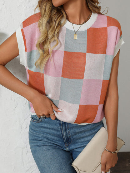 Knit Blouses - Checkerboard Knit Top for Women
