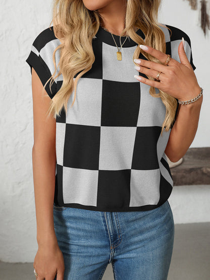 Knit Blouses - Checkerboard Knit Top for Women
