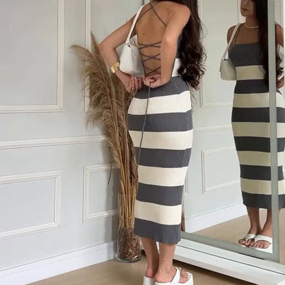 Knit Dresses - Knit Stripe Backless Summer Dress for Casual Elegance