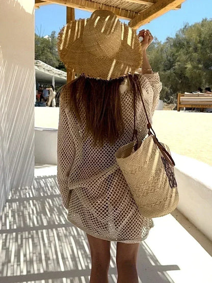 Knit Dresses - V-Neck Knitted Beach Cover-Up Dress