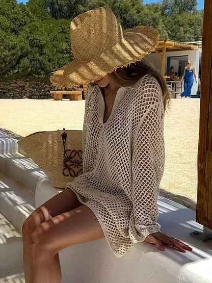 Knit Dresses - V-Neck Knitted Beach Cover-Up Dress