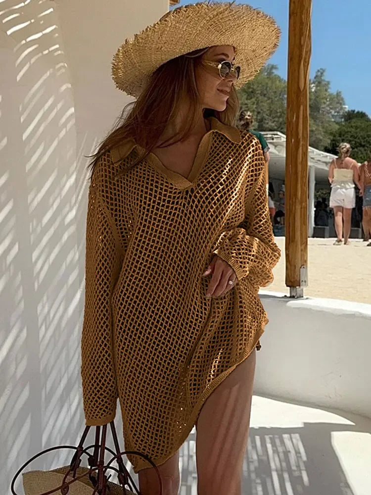 Knit Dresses - V-Neck Knitted Beach Cover-Up Dress