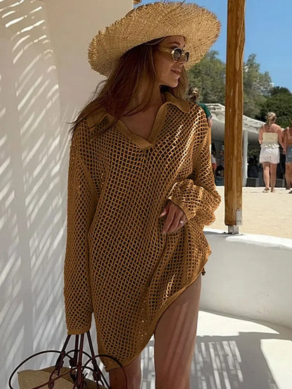 Knit Dresses - V-Neck Knitted Beach Cover-Up Dress