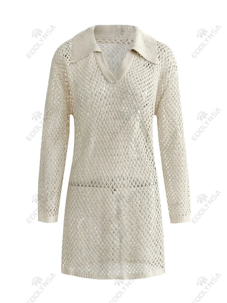 Knit Dresses - V-Neck Knitted Beach Cover-Up Dress