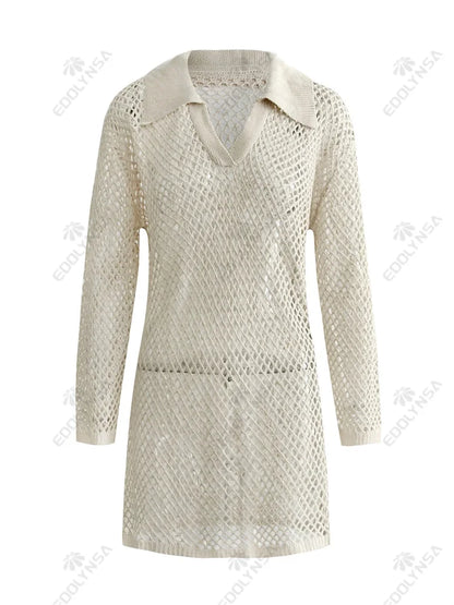 Knit Dresses - V-Neck Knitted Beach Cover-Up Dress