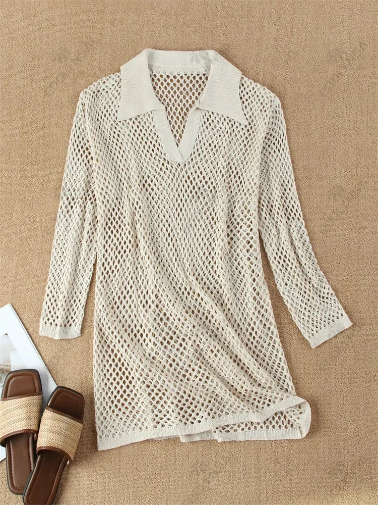 Knit Dresses - V-Neck Knitted Beach Cover-Up Dress