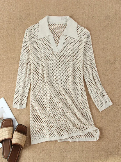 Knit Dresses - V-Neck Knitted Beach Cover-Up Dress
