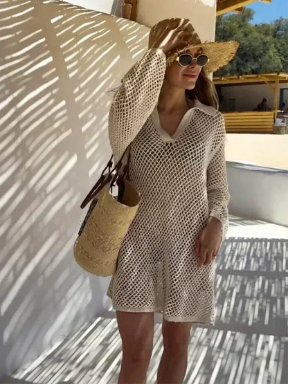 Knit Dresses - V-Neck Knitted Beach Cover-Up Dress
