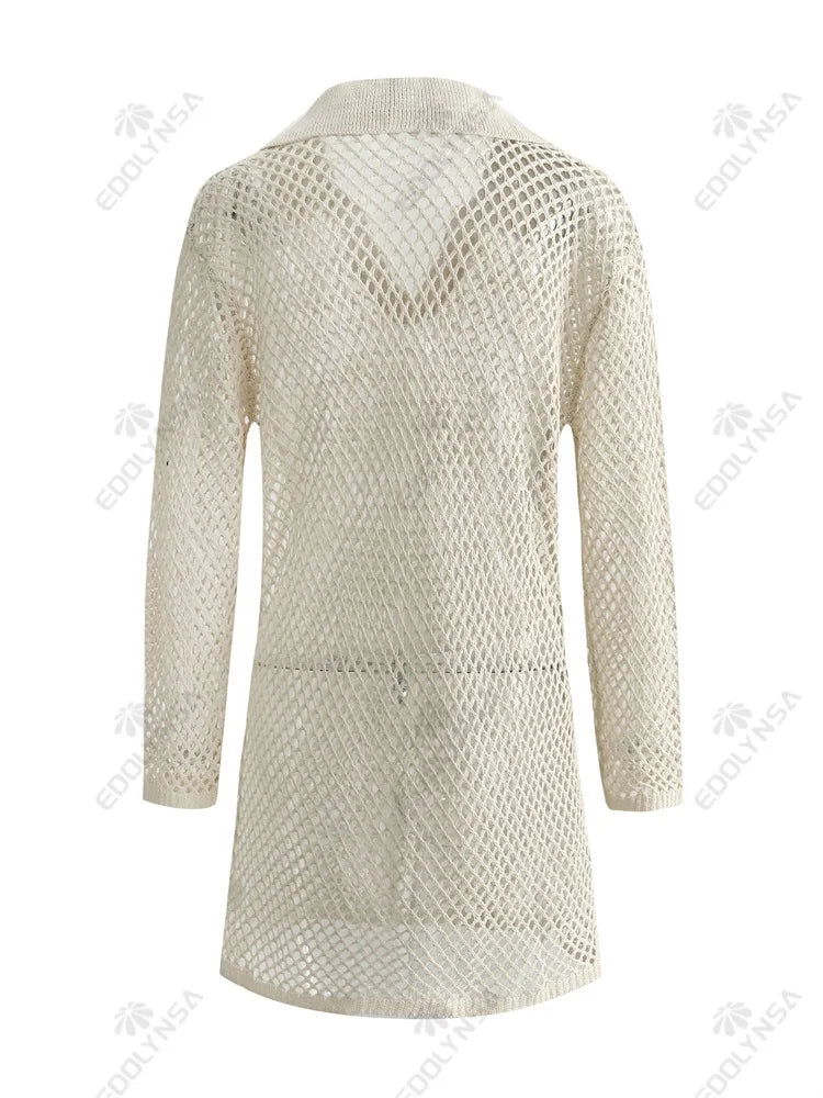 Knit Dresses - V-Neck Knitted Beach Cover-Up Dress