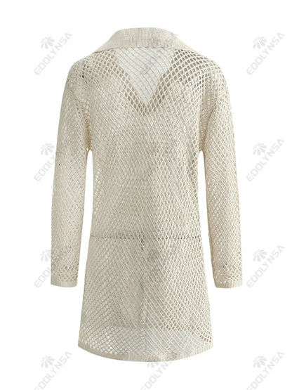 Knit Dresses - V-Neck Knitted Beach Cover-Up Dress