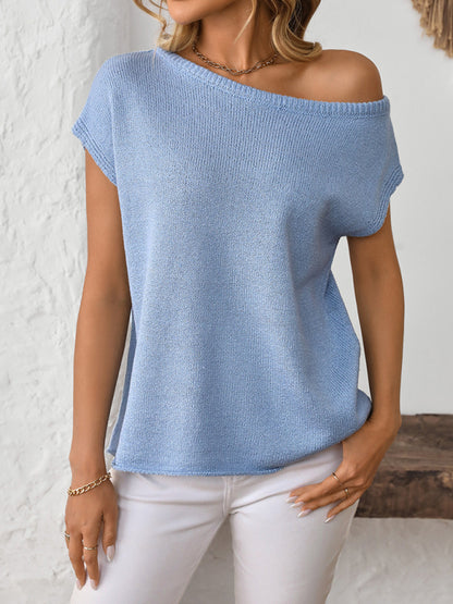 Knit Tops - Asymmetric Boat Neck Blouse for Women in Knitting