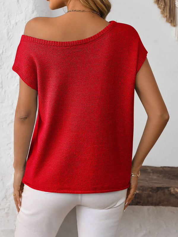 Knit Tops - Asymmetric Boat Neck Blouse for Women in Knitting