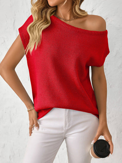 Knit Tops - Asymmetric Boat Neck Blouse for Women in Knitting