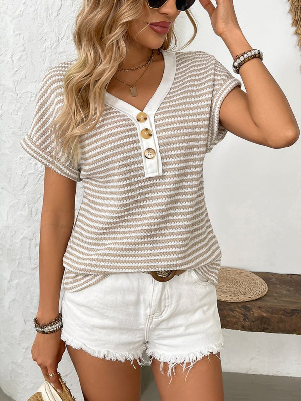 Knit Tops - Summer Striped V-Neck Knit Top