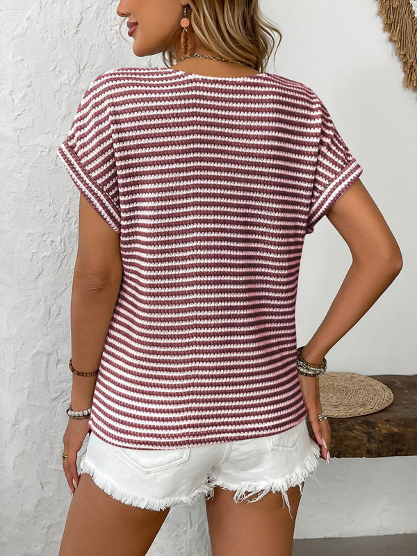 Knit Tops - Summer Striped V-Neck Knit Top