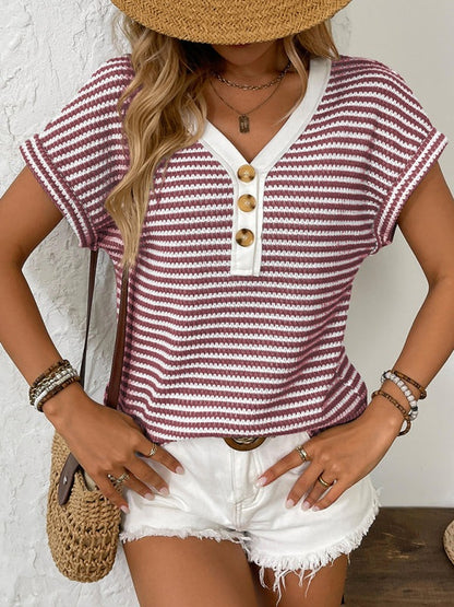 Knit Tops - Summer Striped V-Neck Knit Top