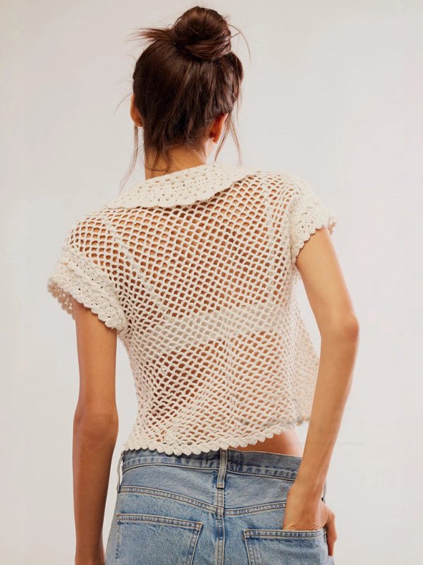 Knit Tops - Casual Summer Hollow Knit Crop Blouse for Women