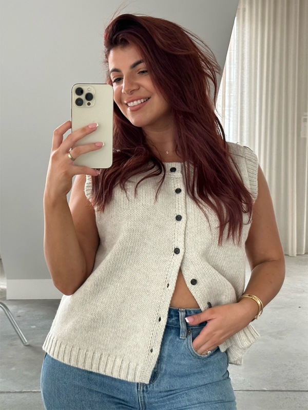 Knit Tops- Women's Knitting Button-Up Sleeveless Top- - Pekosa Women Fashion