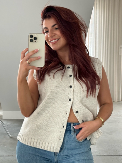 Knit Tops- Women's Knitting Button-Up Sleeveless Top- - Pekosa Women Fashion