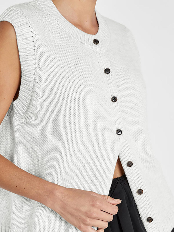 Knit Tops- Women's Knitting Button-Up Sleeveless Top- White- Pekosa Women Fashion