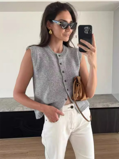 Knit Tops- Women's Knitting Button-Up Sleeveless Top- Grey- Pekosa Women Fashion