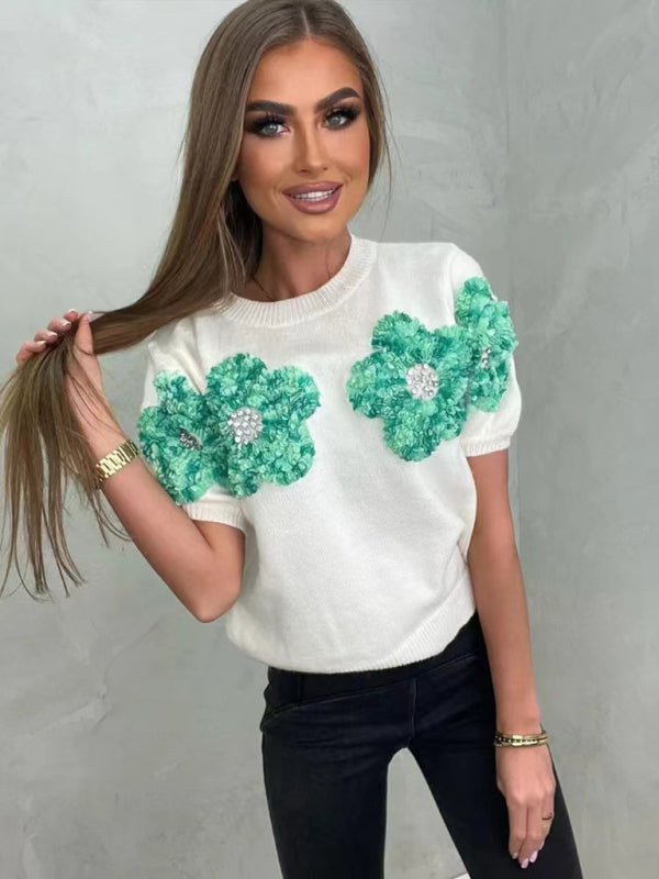 Damen-Kurzarm-Strickoberteil mit Blumenapplikationen