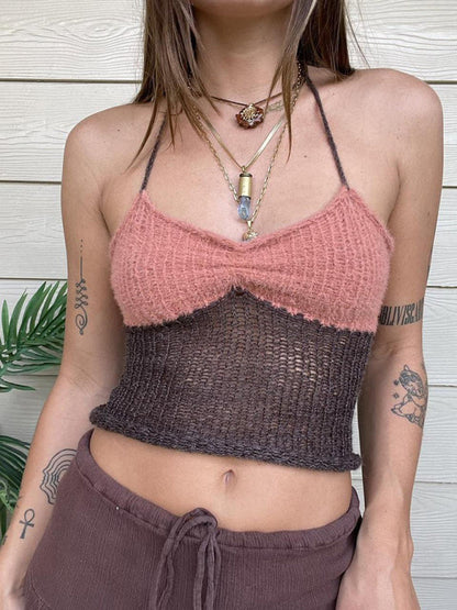 Knitting Tops- Knit Contrast Women's Sleeveless Open Back Cami Halter Top- Pink- Chuzko Women Clothing